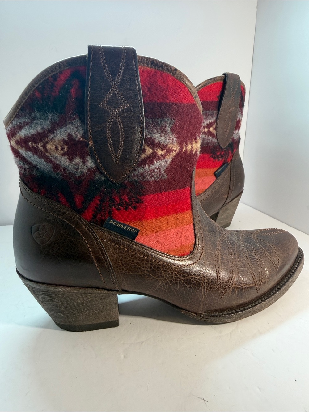Pendleton Brown Leather & Red Patterned Wool Western Short Boots